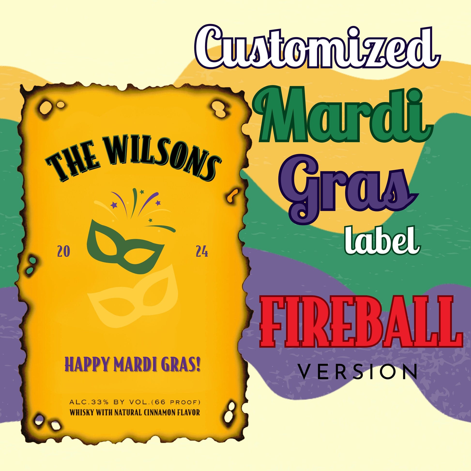 Fireball Cinnamon Whiskey Mardi Gras Label - FunHouseDeco