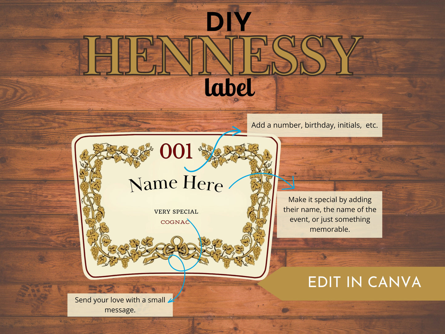 Hennessy Inspired Custom Label Template - Digital Download - Editable in Canva - FunHouseDeco