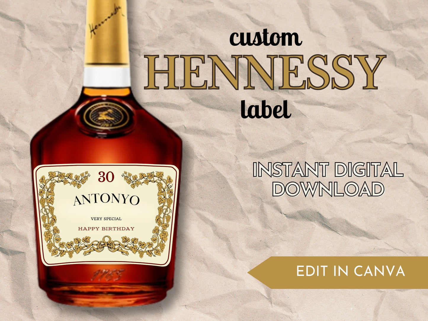 Hennessy Inspired Custom Label Template - Digital Download - Editable in Canva - FunHouseDeco